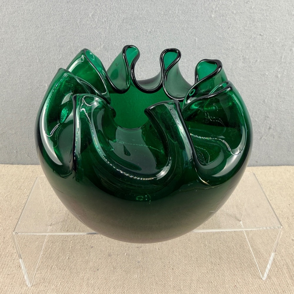 Blenko 947L Emerald‎ Green Glass Folded Handkerchief Bowl Large 6" MCM Style